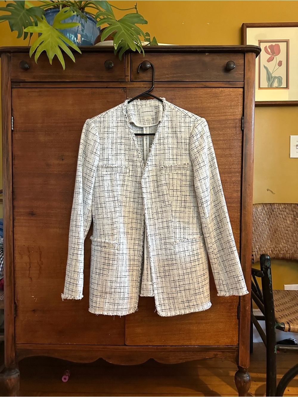 Club Monaco White Tweed Open-Front Blazer with Black Threading